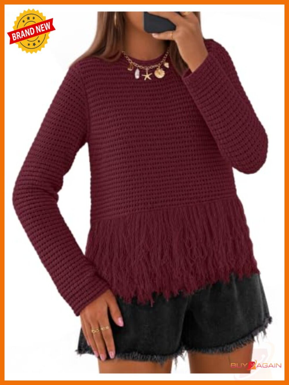 Crochet Fringe Sweater Peplum Pullover Boho Long Sleeve Crew Neck